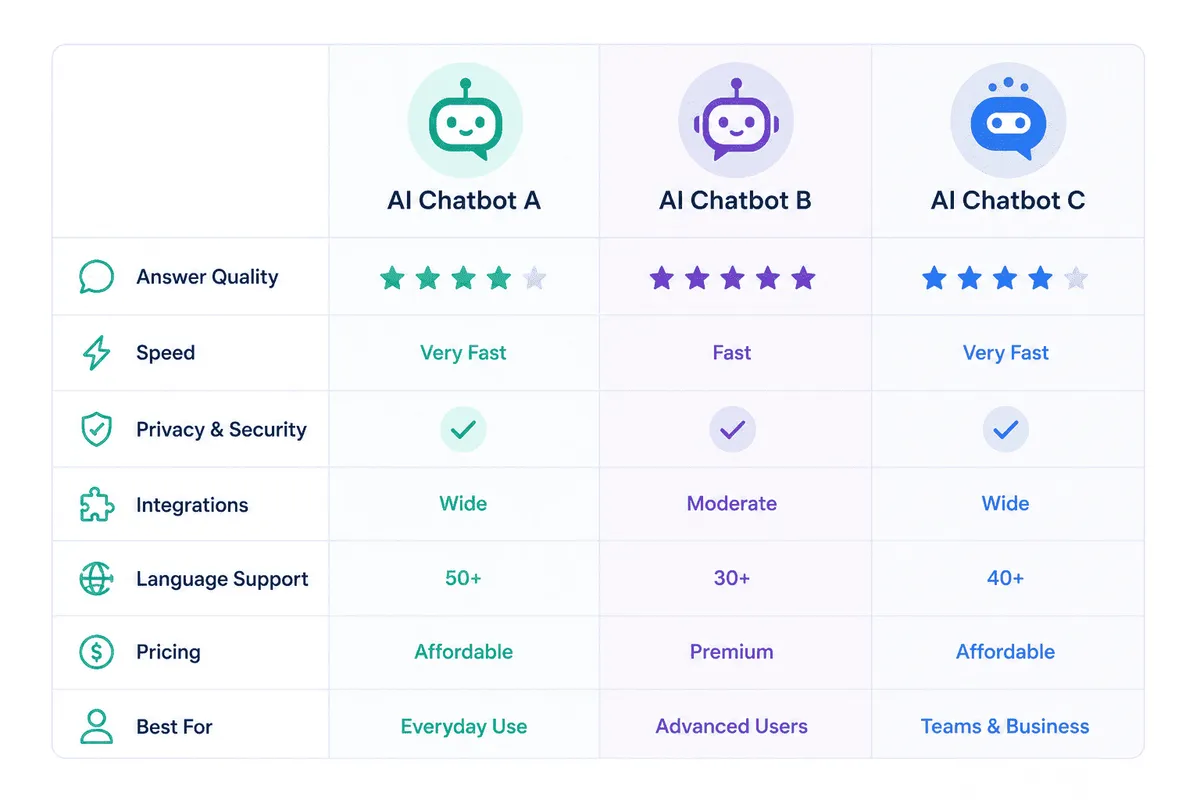 Visual comparison of three AI chatbots by answer quality, speed, privacy, integrations, language support, pricing, and best use